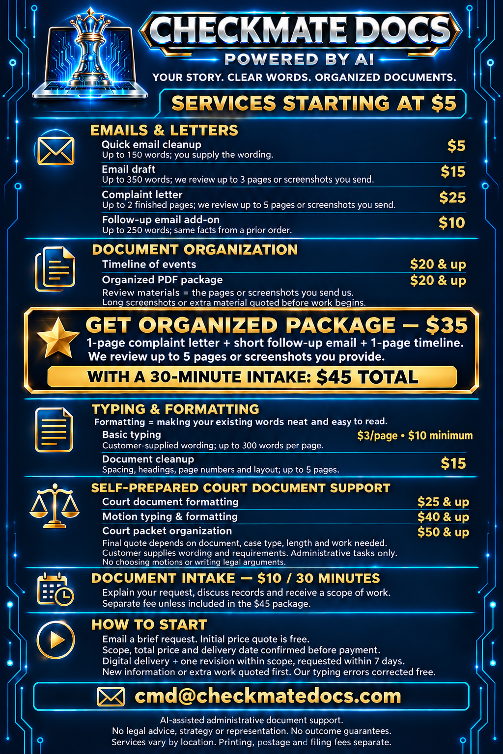 Checkmate Docs detailed price-list poster